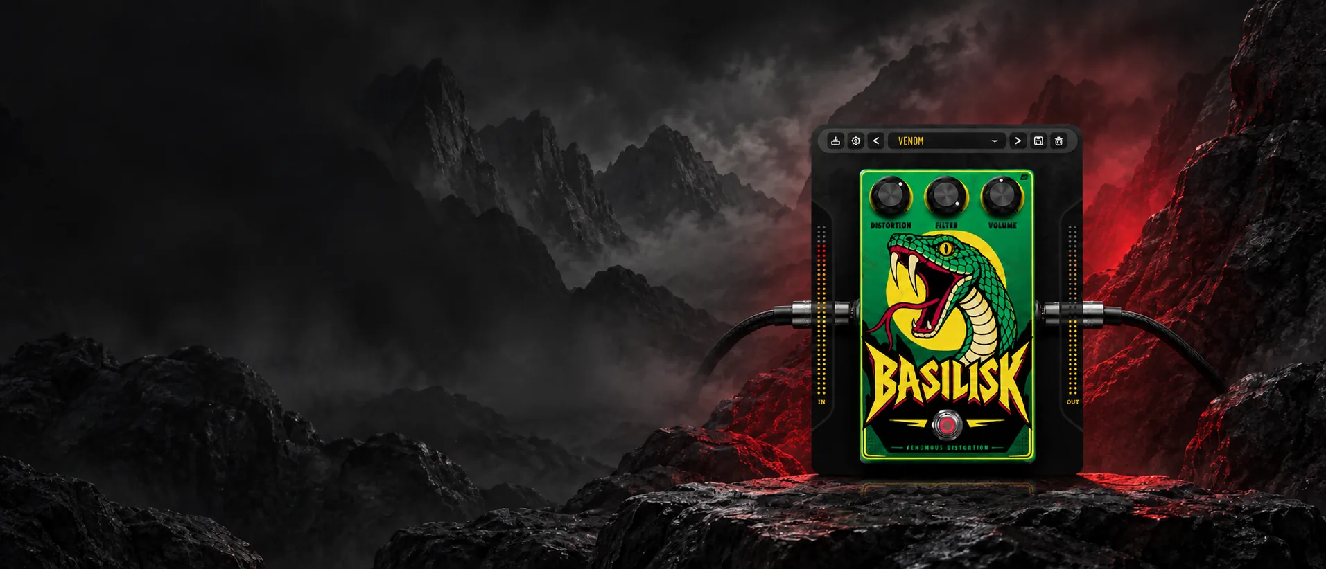 Basilisk audio plugin in a dark Pyrenean landscape